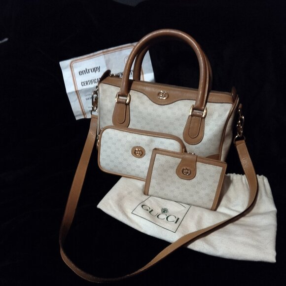 Gucci Vintage Set - 2 Way Crossbody / Handbag, Matching Wallet & Cosmetics Pouch - Picture 1 of 16